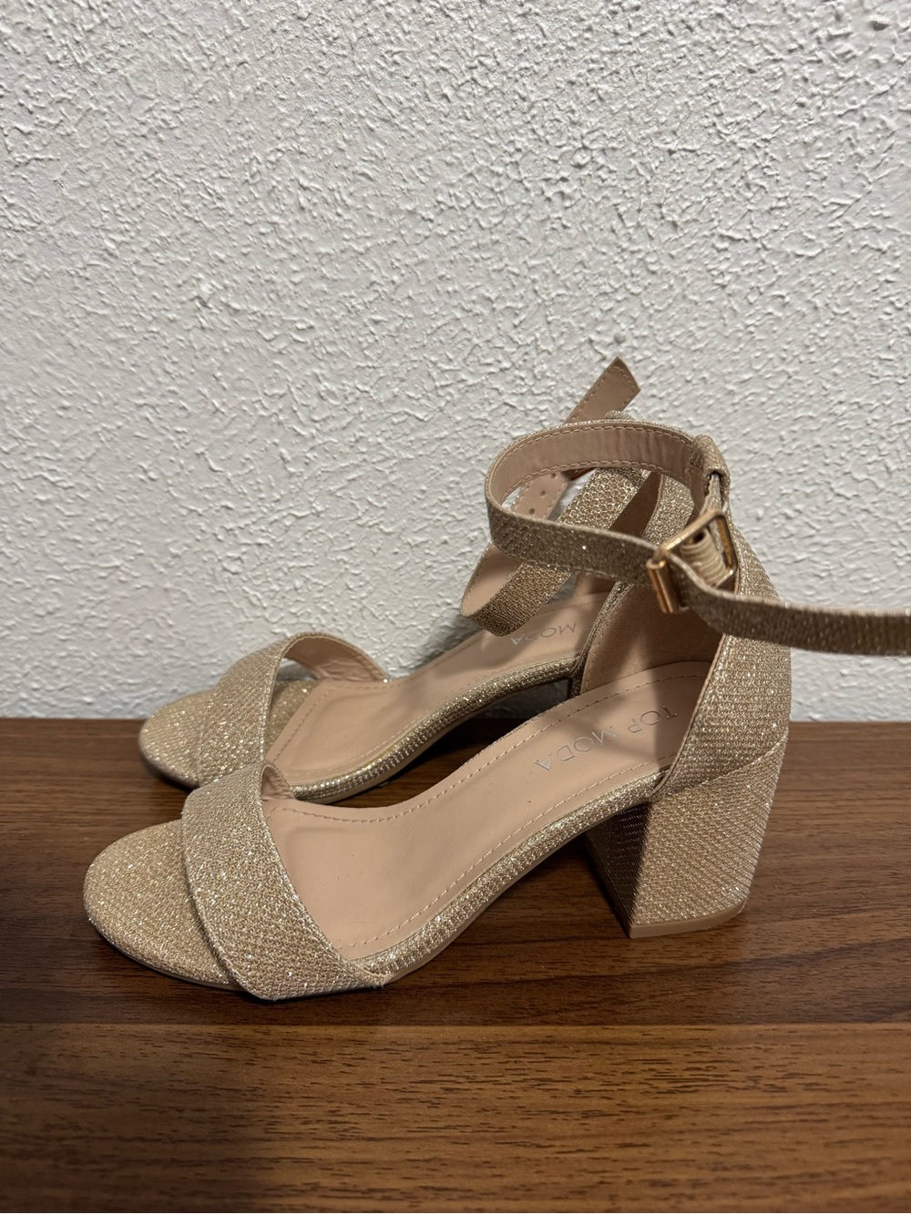 TOP Moda Glitter Block Heel Sandals in Champagne Gold